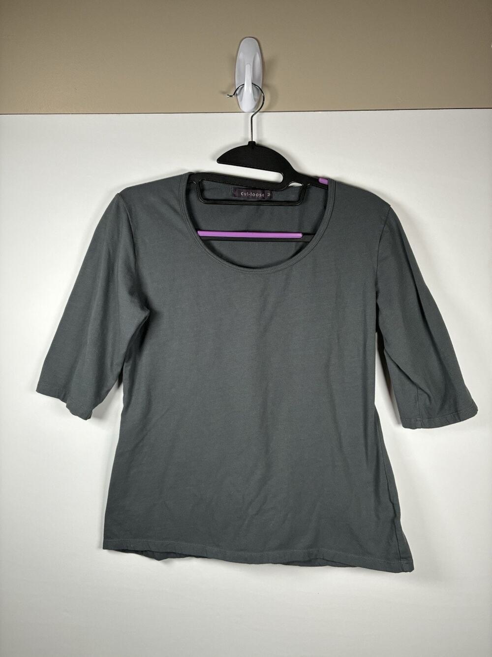 Cut Loose Womens M Cotton Top Slate Gray Scoop Neck Elbow Sleeve Made in USA